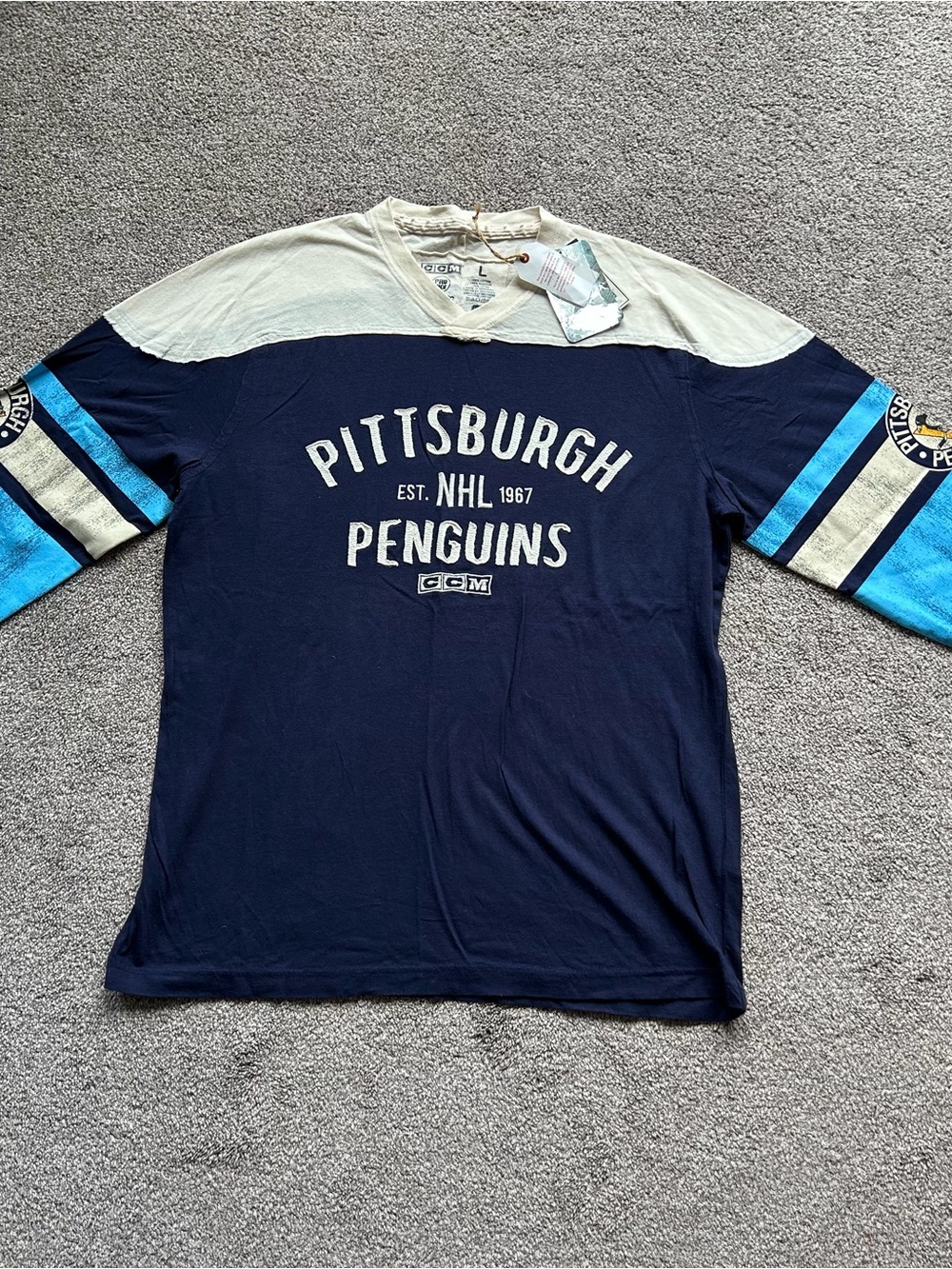 CCM Pittsburgh Penguins Navy with Cream & Light Blue Long-Sleeve Shirt